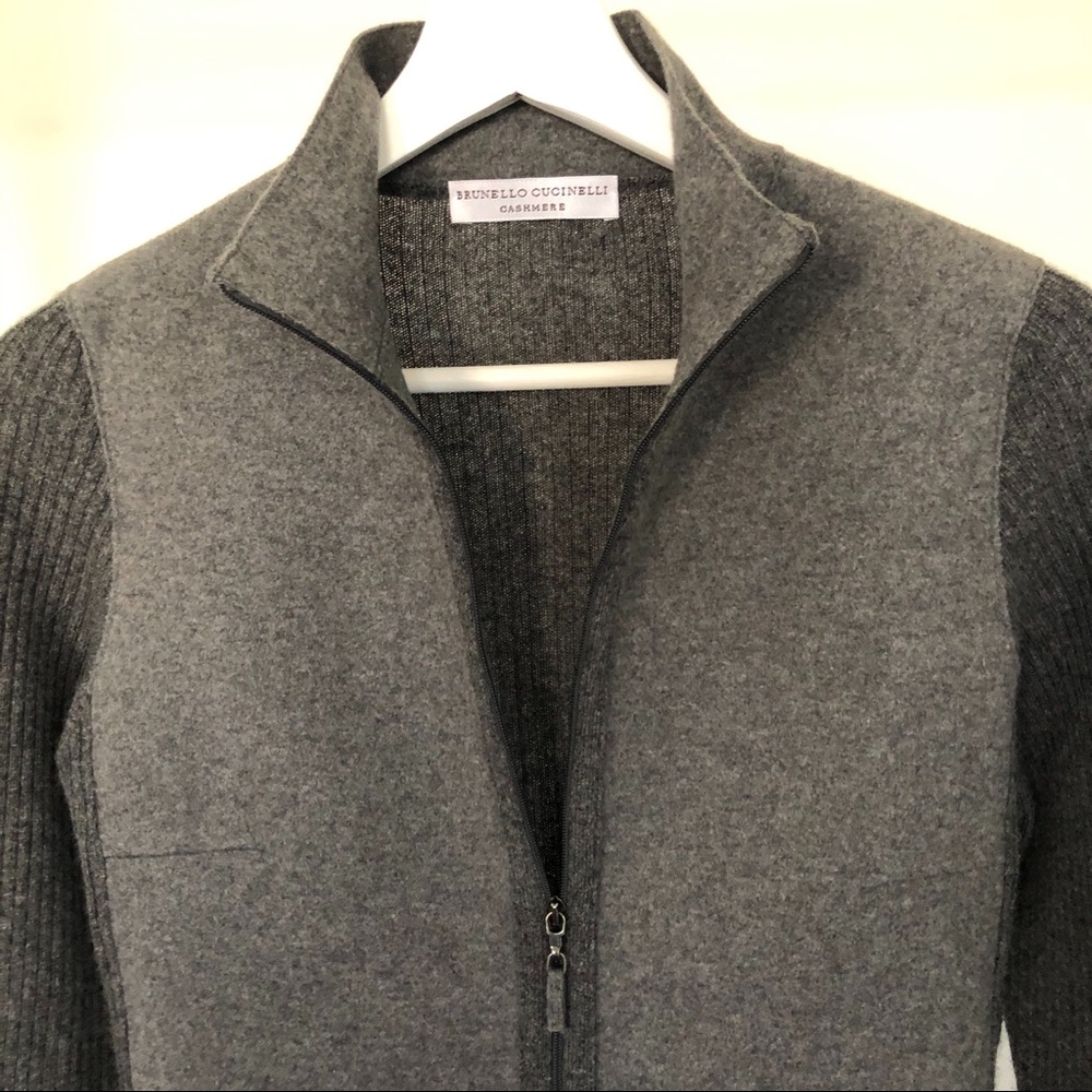 Brunello Cucinelli gray cashmere zip sweater